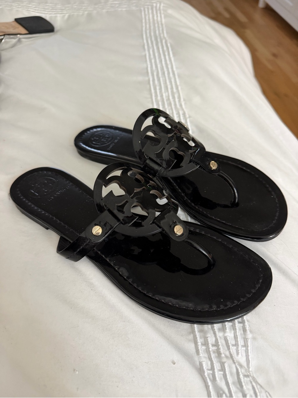 Tory Burch Black Patent Logo Thong Sandals